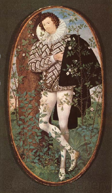 Nicholas Hilliard An unknown Youth Leaning against a tree among roses Norge oil painting art